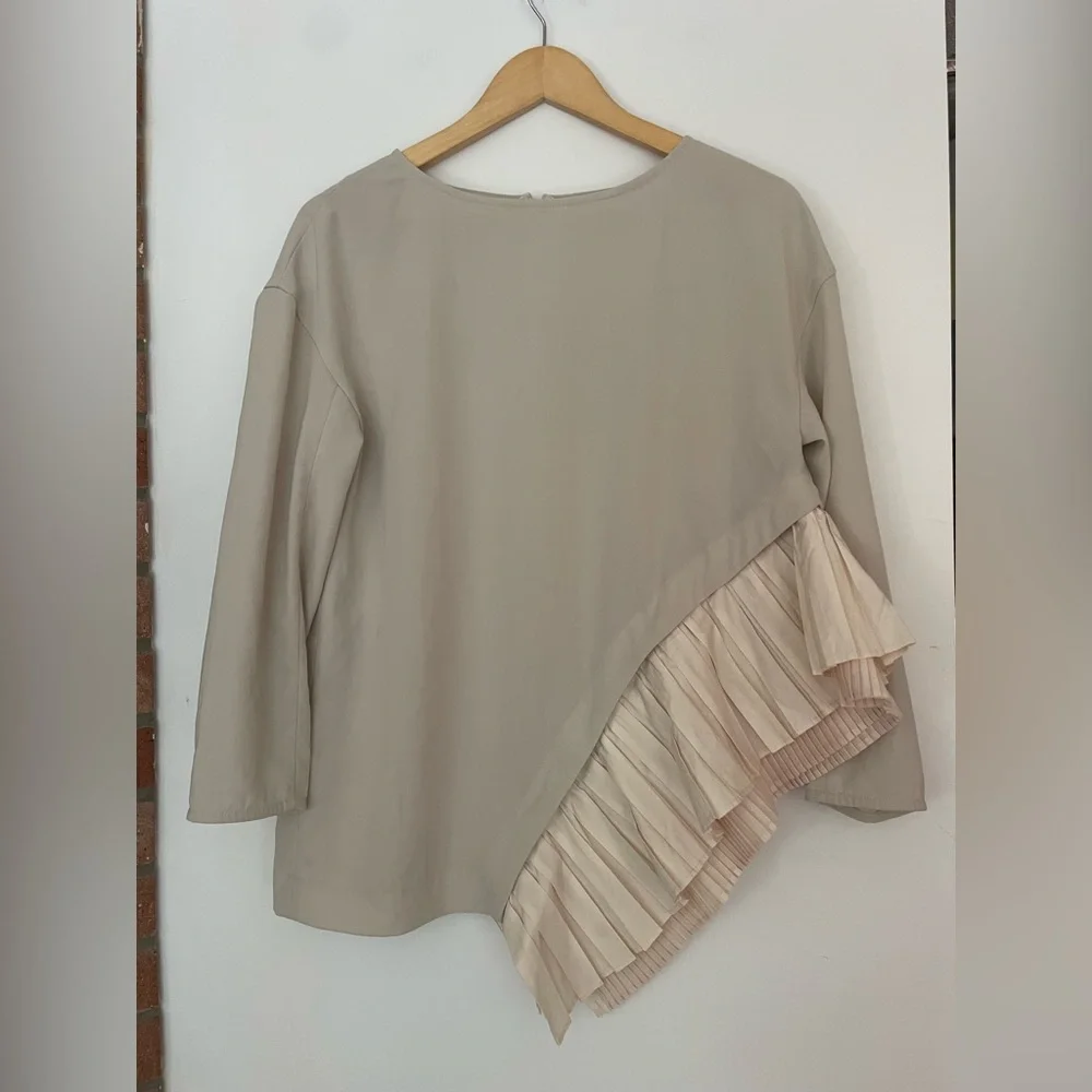 Elendeek Tail Pleated Bell Sleeve Sweatshirt Beige  Blouse  Pleated Accent - Picture 2 of 6